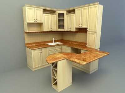 kitchen 3d model free download - L-shaped kitchen with bar counter 004